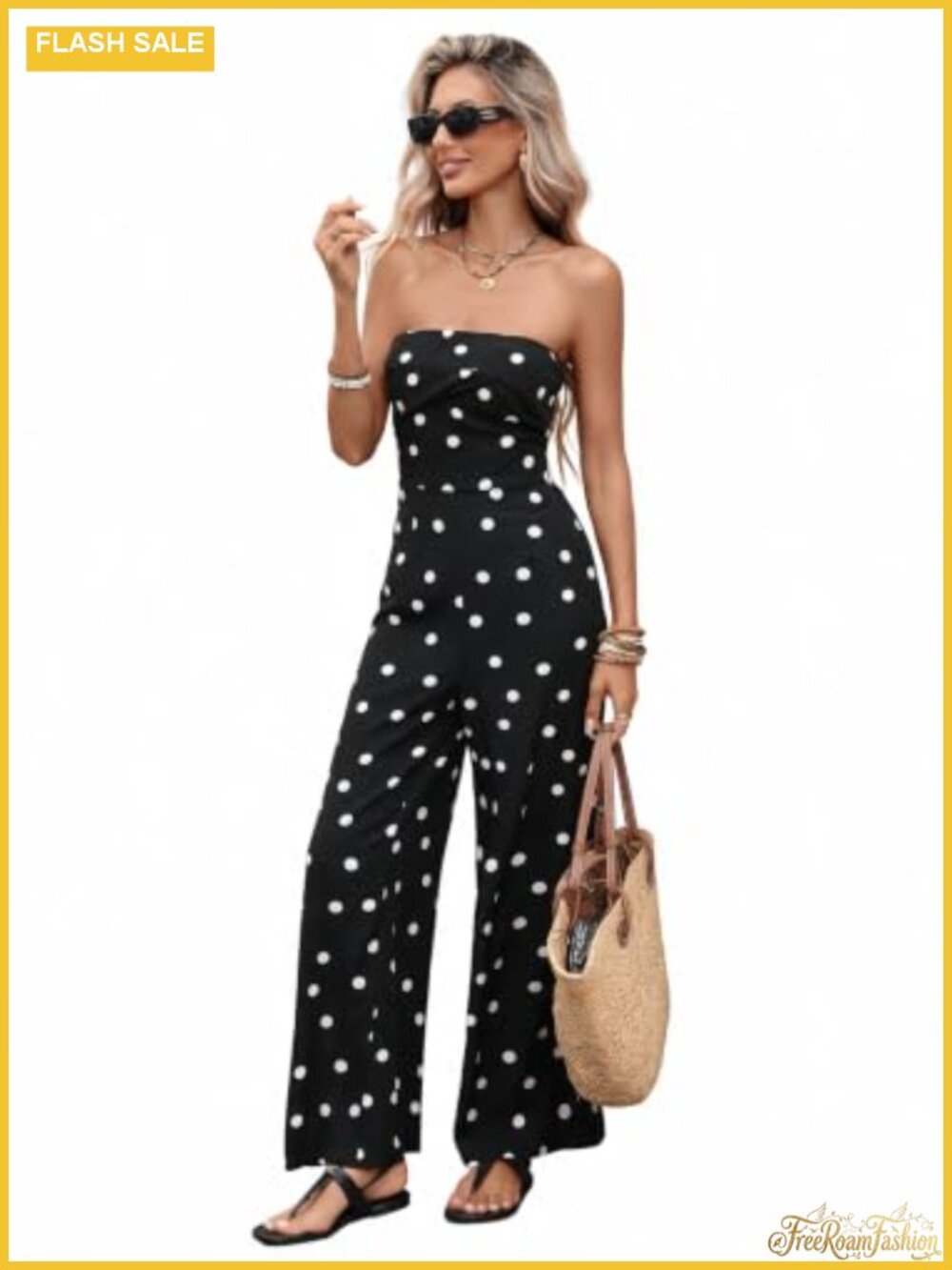 Women Strapless Wide Leg Polka Dot Jumpsuit Dressy Romper